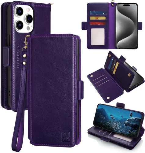 Vista 20 de Belemay Funda Compatible con iPhone 15 Funda Cartera - Cuero Genuino - Portadores de Tarjetas con Bloqueo RFID - Carcasa TPU Resistente a Golpes