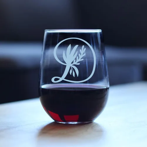 Vista 3 de Custom Monogram Floral Letter D - Personalized Stemless Wine Glass - Personalized Gifts for Women and Men - Large Engraved 17 Oz Glasses