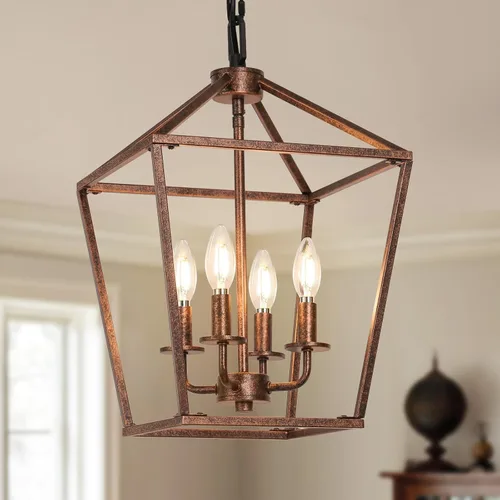 Vista 7 de Lámpara de araña de granja de 4 luces, lámpara de techo rústica tipo linterna con jaula de metal pintado de madera y cadena ajustable, luminaria