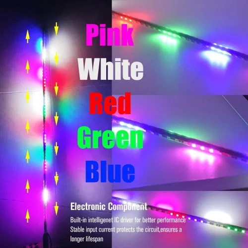 Vista 6 de YEORO 2 piezas Tiras LED Dobles RGB 270 Luces Estroboscópicas Automáticas de Antena Impermeables para UTV, ATV (2.4 pies)