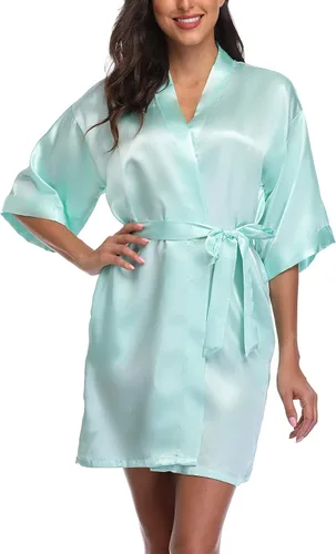 Vista 2 de Women's Satin Robes Short Bridesmaid Getting Ready Robe Soft Sleepwear Kimono Bathrobe for Bridal Wedding Party
