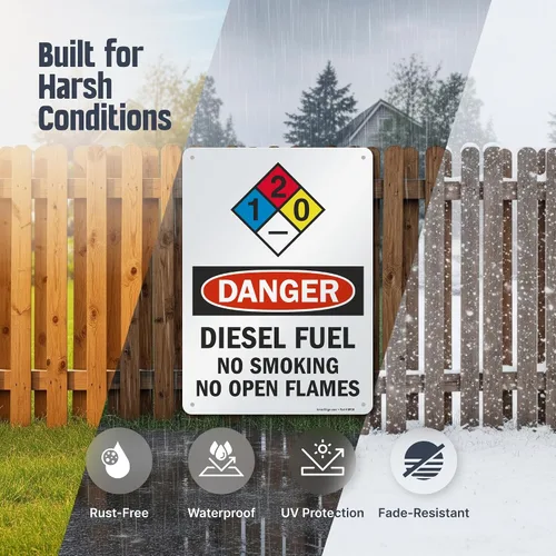 Vista 2 de Señales de seguridad SmartSign. Mensajes: "Danger: Diesel Fuel No Smoking No Open Flames", letras negras o rojas sobre fondo blanco., 1
