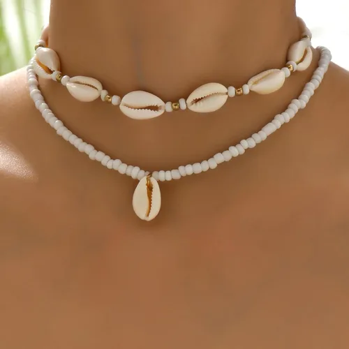 Vista 3 de Nackiy Collar de concha marina hecho a mano para mujer, collar de concha natural ajustable de verano (cuerda trenzada beige)