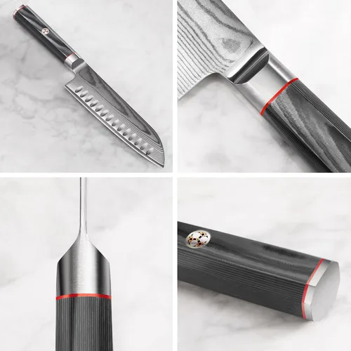 Vista 3 de Cangshan YARI Series X-7 Cuchillo Santoku de acero Damasco de 7 pulgadas con funda