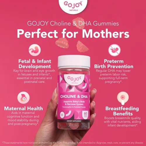 Vista 3 de GOJOY NATURALS Gomitas de colina prenatal y DHA - Suplemento vitamínico en gomitas desde la preconcepción hasta el posnatal para mujeres embarazadas