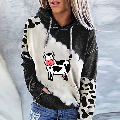 Vista 2 de Women Cow Hoodie Top, Women's Patchwork Cute Cow Print Drawstring Hooded Sweatshirt Pullover Tops Shirts