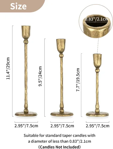 Vista 6 de NUPTIO Portavelas Cónicos de Hierro: Candelabro de Latón Antiguo para Fiesta de Acción de Gracias y Navidad - Juego de 3 Portavelas Altos Dorados