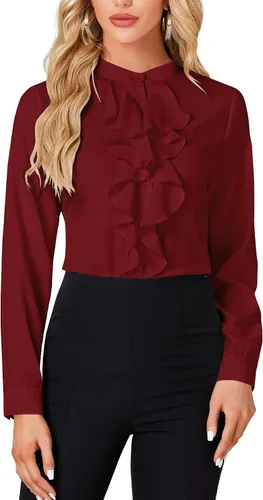 Vista 14 de LYANER - Blusa de cuello alto con botones, volantes en el frente, manga larga, camisa de trabajo para mujer