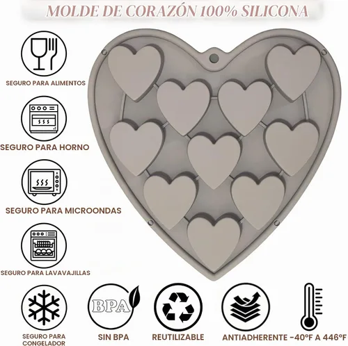 Vista 6 de Moldes de silicona con forma de corazón para hornear, moldes grandes de 2 pulgadas, 10 cavidades adecuadas para moldes de cubitos de hielo, molde