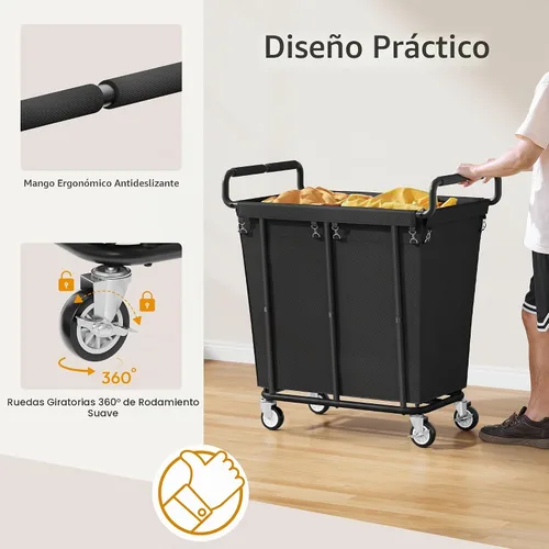 Vista 6 de Cesta de lavandería con ruedas, cesta de lavandería mediana de 250 litros para almacenamiento de ropa, carrito de lavandería resistente con asa Negro