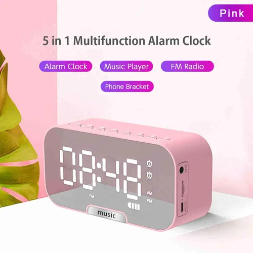 Vista 2 de Ymiko Reloj despertador de superficie de espejo digital Altavoz Música Radio FM Reproductor portátil recargable 3 niveles de brillo Soporte