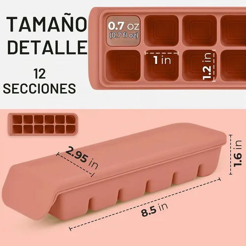 Vista 8 de Bandeja de silicona para congelar cubitos de hielo de 0.5 oz/12 secciones con tapa, color rosa indie