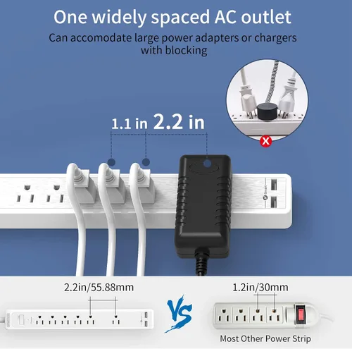 Vista 2 de Cable de extensión de 15 pies, protector de sobretensiones de 6 salidas, tira de alimentación larga y resistente de enchufe plano, enchufe plano