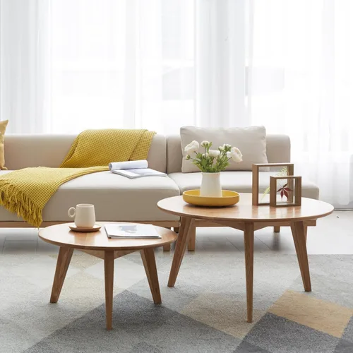 Vista 10 de Juego de mesa de café 100% de madera de roble macizo, mesa de café redonda combinada mesa auxiliar con patas de madera maciza, mesa de mediados