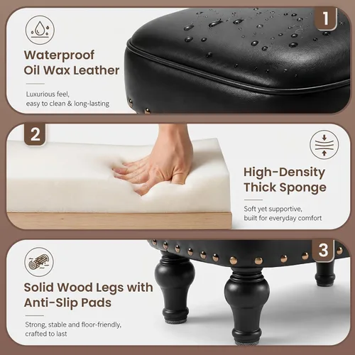 Vista 4 de Cmishe Reposapiés otomano de cuero, reposapiés vintage, asiento tapizado de espuma gruesa, reposapiés de madera, banco para zapatos debajo del Negro