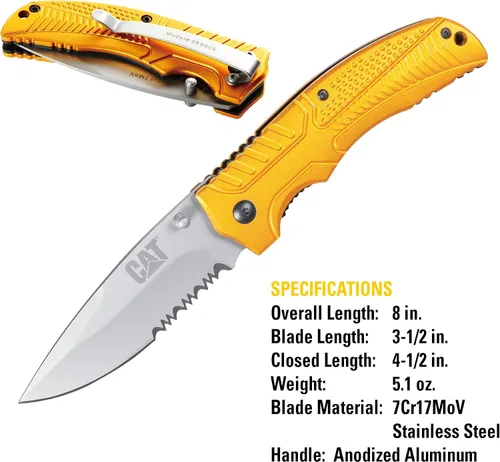 Vista 3 de CAT Drop Point Folding Knife, 7Cr17MoV Stainless Steel Blade, Gold Aluminum Handle, Liner-Lock, EDC Outdoor Camping Knife