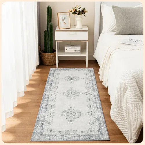 Vista 286 de Istana Alfombra larga antideslizante de 2.5 x 8 para el hogar, para pasillo y cocina, lavable, sedosa y suave al tacto, elegante, color azul y marfil