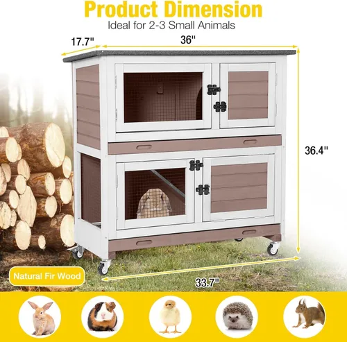 Vista 6 de Aivituvin Rabbit Hutch - Jaula para conejitos de interior para exteriores, casa de mascotas de 2 pisos, jaula de conejillo de indias con ruedas
