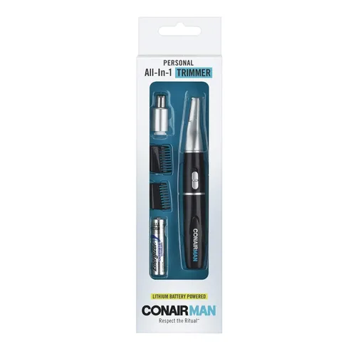 Vista 4 de ConairMAN Recortadora personal todo en uno para hombres, para nariz, oído, cejas y patillas, kit de aseo de 4 piezas, funciona con batería de litio