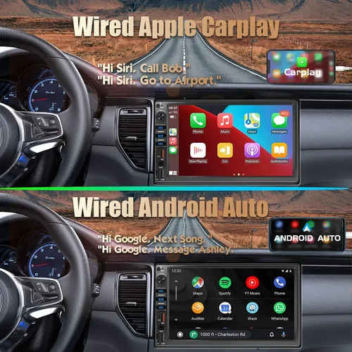 Vista 5 de Estéreo de auto doble DIN de 7 pulgadas en tablero con CarPlay con cable y Android Auto, reproductor multimedia para automóvil con súper carga, 2
