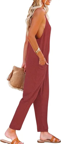 Vista 3 de Overol de moda para mujer, casual, sin mangas, cuello en V, tirantes delgados, pantalones largos, overoles holgados con bolsillos