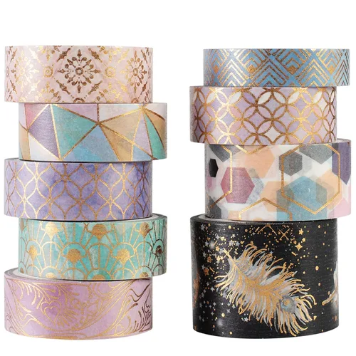 Vista 12 de YUBBAEX Mystic Gold Washi Tape Set - Cinta adhesiva decorativa ancha de lámina plateada para artes, manualidades DIY, suministros para diarios