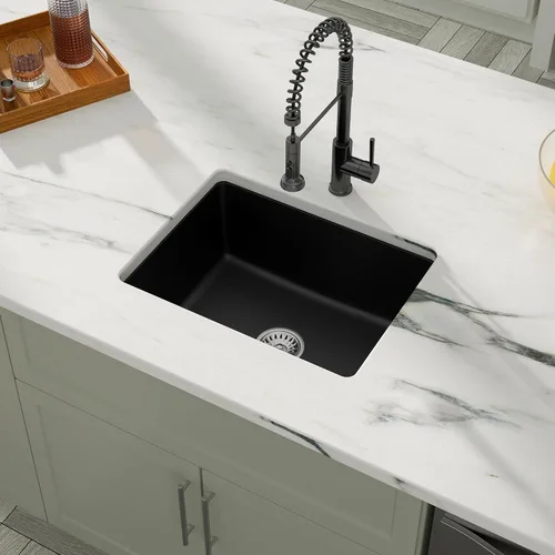 Vista 7 de Dcolora Fregadero de Barra de Composite de Cuarzo de 22 Pulgadas Negro Bajo Encimera Pequeño Fregadero de Cocina de Composite de Granito Prep RV
