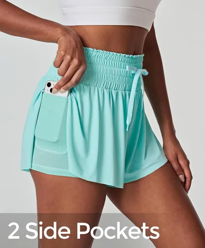 Vista 2 de IUGA Pantalones cortos deportivos para mujer, de cintura alta, con diseño de mariposa, con vuelo, para correr, entrenamiento, tenis, con bolsillos