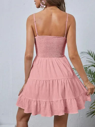 Vista 2 de WDIRARA Vestido de verano para mujer, con textura fruncida, fruncido y dobladillo con volantes, acampanado, cintura alta, vestido corto de camisola