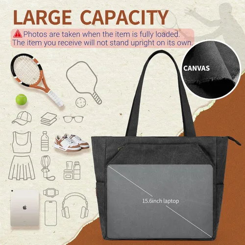 Vista 2 de SMRITI Tennis Tote Bag Canvas, Large Sports Handbag Tennis Racket Bag for Women, Portable Tennis Racquet Shoulder Bag for Badminton, Pickleball