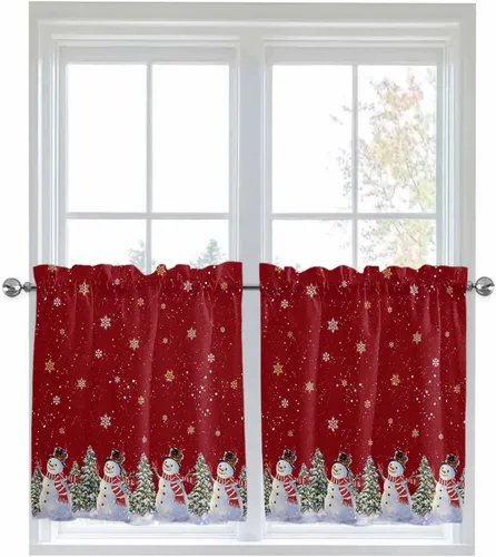 Vista 23 de Cortinas de cocina de Navidad, cenefa semitransparente ajustable con lazo, muñeco de nieve, copo de nieve, bolsillo para barra, tratamiento