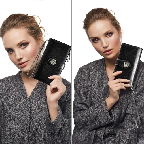 Vista 5 de Travelambo Cartera de mujer con bloqueo RFID para tarjetas de crédito, cartera de cuero de gran capacidad