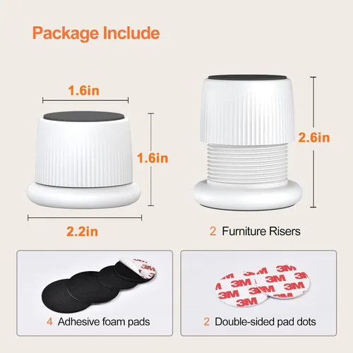 Vista 3 de Elevadores ajustables para muebles, elevadores de cama de 1.6 a 2.6 pulgadas, color blanco, plástico duradero y antideslizantes, elevadores de sofá