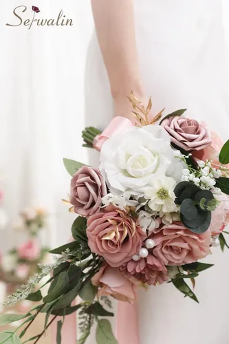 Vista 8 de Serwalin Ramos de boda de 9.8 pulgadas para novia y dama de honor, peonías rosa empolvado, ramos de flores de novia para boda, ramo de lanzamiento