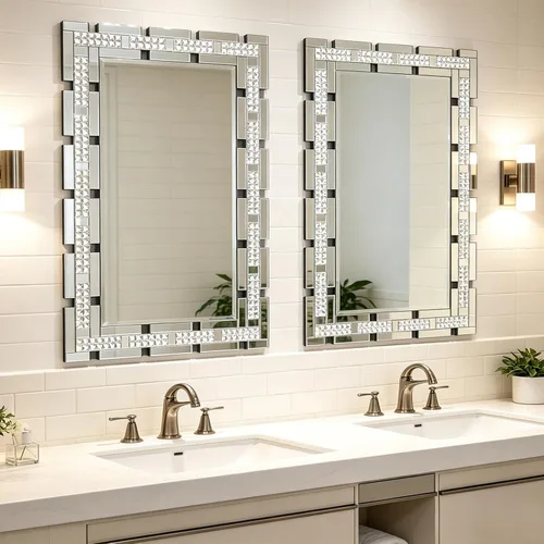 Vista 5 de Chende - Espejo de pared decorativo de 36 x 24 pulgadas con marco incrustado de cristal real, espejo de tocador HD sin plomo para sala de estar