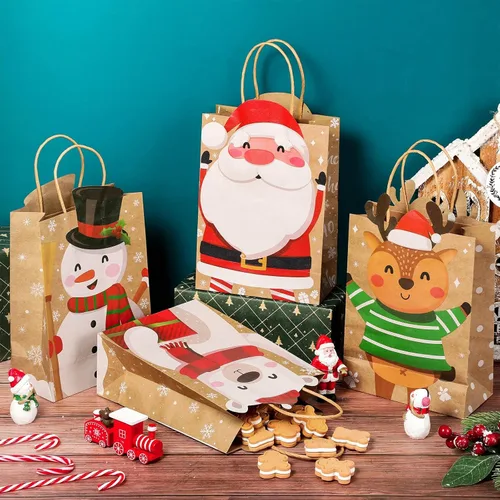 Vista 3 de Funrous Bolsas de regalo de Navidad, 6 diseños, bolsas de regalo de papel kraft de Navidad con asas, recuerdos de Navidad para aperitivos