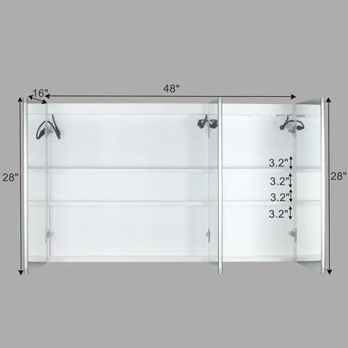 Vista 2 de Karl home Botiquín de baño de 3 puertas de 48 x 28 pulgadas con espejo LED, gabinete de baño regulable de 3 colores montado en la pared con estantes