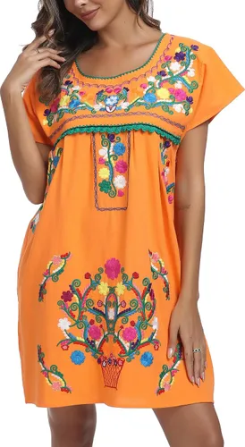 Vista 38 de YZXDORWJ Vestido bordado mexicano de manga corta para mujer 222BK