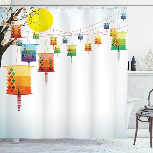 Vista 49 de set de cortina para baño decorativa de tela de poliéster con ganchos