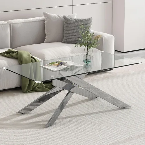 Vista 10 de Mesa de centro de cristal de 47 pulgadas, moderna tapa rectangular de vidrio templado con patas de metal con cruz dorada, mesa central de espacio