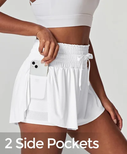 Vista 2 de IUGA Pantalones cortos deportivos para mujer, de cintura alta, con diseño de mariposa, con vuelo, para correr, entrenamiento, tenis, con bolsillos