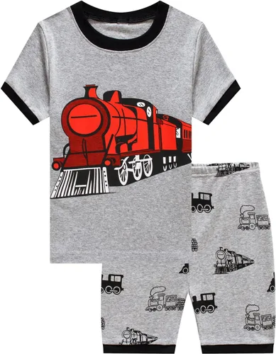 Vista 9 de Popshion Pijamas cortas de 2 piezas para niños pequeños, ropa de dormir de tiburón de tren, 100% algodón, pijamas de dinosaurio para niños pequeños