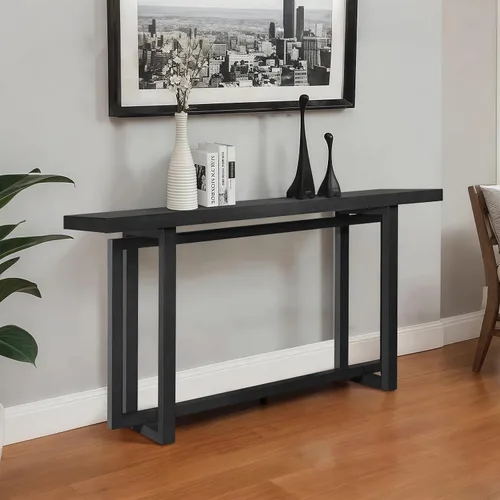 Vista 5 de Mesa de sofá de 59.05 pulgadas para sala de estar, mesa consola Morden, mesa rectangular estrecha de madera maciza con patas de madera de goma