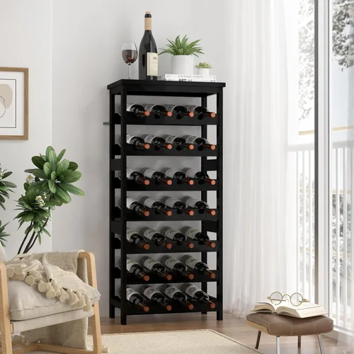 Vista 5 de Estante de vino para 28 botellas, de madera maciza, 7 niveles, con mesa, soporte para botellas sin tambaleo para bodega, cocina, bar, comedor, sala
