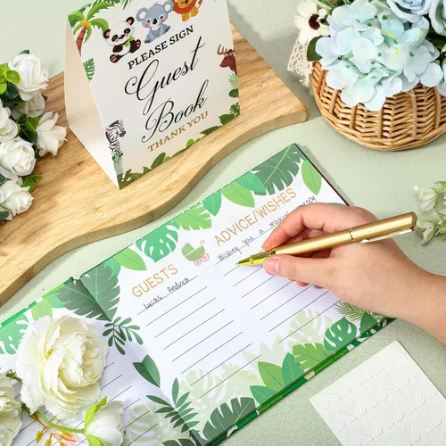 Vista 3 de Fuyoooo 27 piezas de libro de invitados para baby shower de safari en la jungla con tarjeta de lugar floral y sello de inicio de sesión para baby