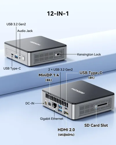 Vista 8 de Mini PC GEEKOM Air12, Intel 7505 (Beats N5095), RAM de doble ranura de 8 GB Negro