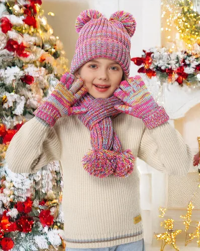Vista 4 de Remifa Conjunto de bufanda y gorro de invierno para niños y niñas, con forro polar con pompón, bufanda larga, guantes cálidos