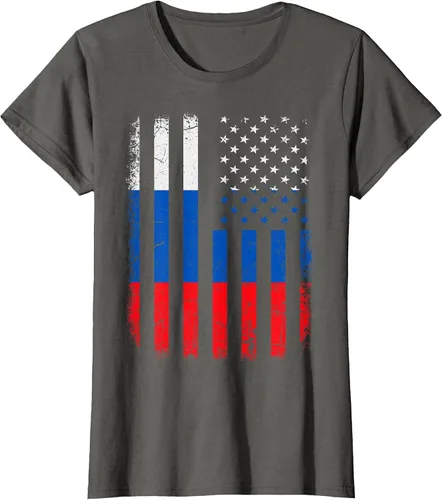 Vista 8 de Russian American Flag Russia America Pride Heritage T-Shirt Asphalt Grey