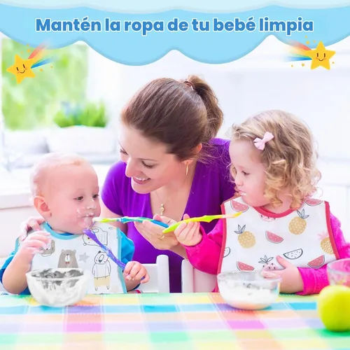 Vista 7 de Jeyiour Baberos impermeables para bebés de 6 a 36 meses, 12 unidades, con enganchador de alimentos, con broches ajustables, de plástico