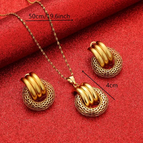 Vista 6 de Conjuntos de joyas árabes de Dubai para mujer, collar y aretes de moda de color dorado africano etíope, Latón, n